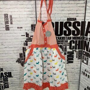 Envogue Coral Cotton Striped Doggy Print Ruffle Trim Kitchen Apron